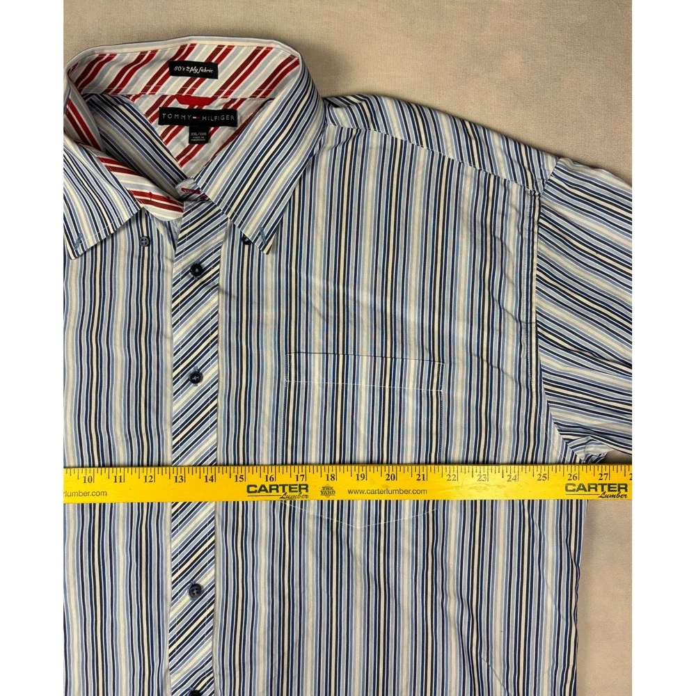 Tommy Hilfiger Mens XXL Blue White Striped 80s 2-Ply Cotton‎ Button Down Shirt